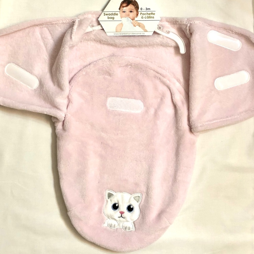 Pink Baby Swaddle Bag with a Kitty Appliqué